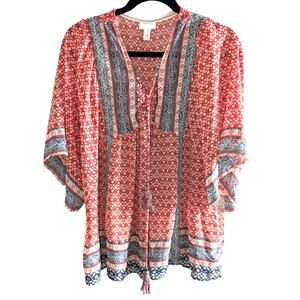 Knox Rose Boho Blouse XXL Red Blue Contrasting Print